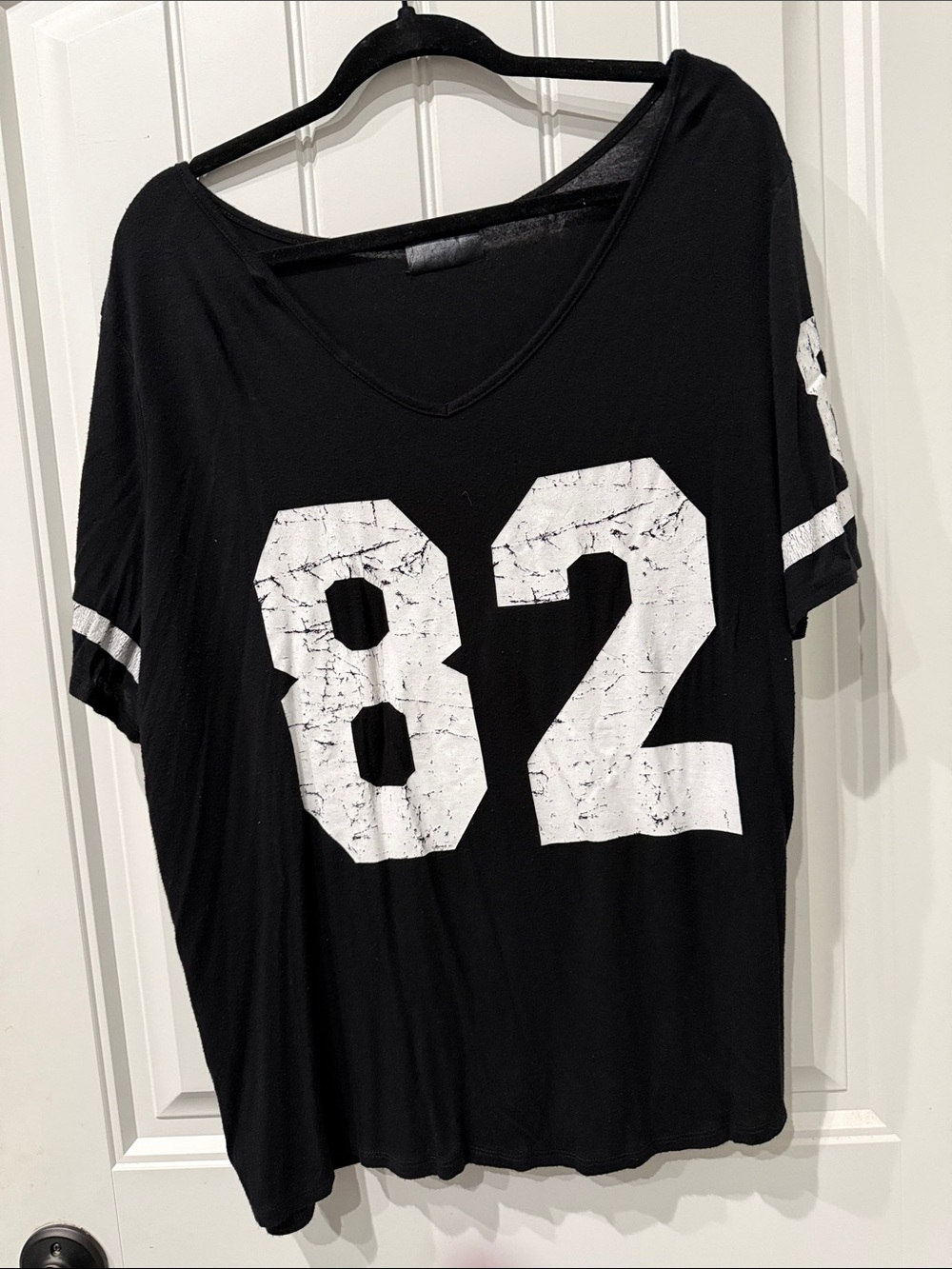 Women's Black V-Neck Jersey Top with White '82' Print